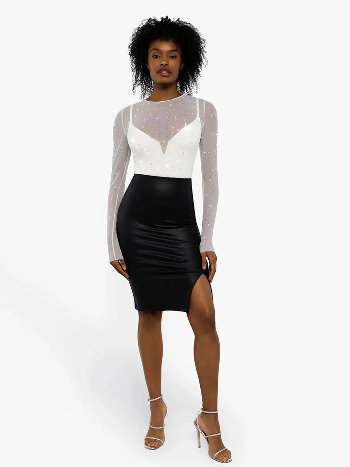 Shapewear Heat-Set Crystal Mesh Long-Sleeve Slimming Bodysuit - Modefluss