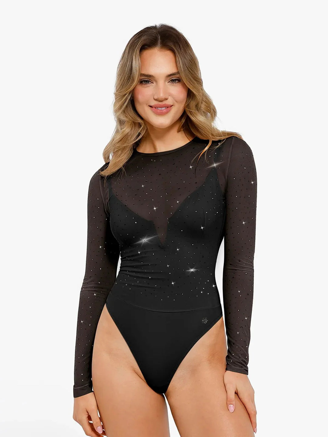 Shapewear Heat-Set Crystal Mesh Long-Sleeve Slimming Bodysuit - Modefluss