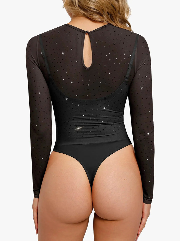 Shapewear Heat-Set Crystal Mesh Long-Sleeve Slimming Bodysuit - Modefluss