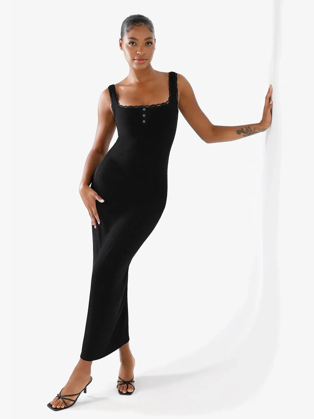 Shapewear Modal Slimming Lace Trim Henley Tank Maxi Dress - Modefluss
