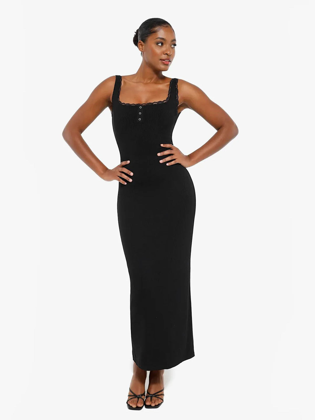 Shapewear Modal Slimming Lace Trim Henley Tank Maxi Dress - Modefluss