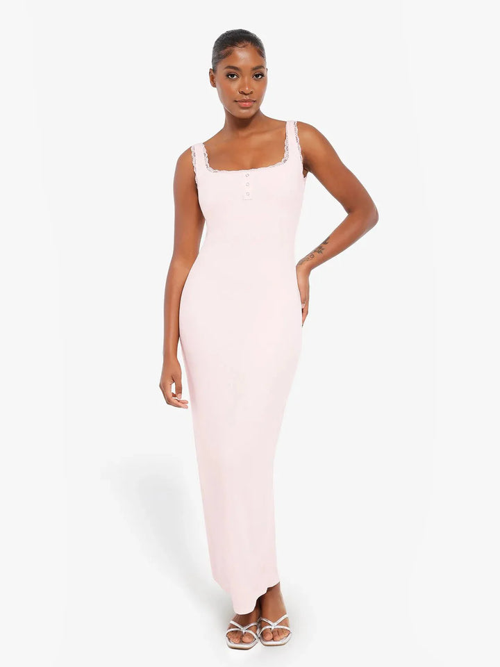 Shapewear Modal Slimming Lace Trim Henley Tank Maxi Dress - Modefluss