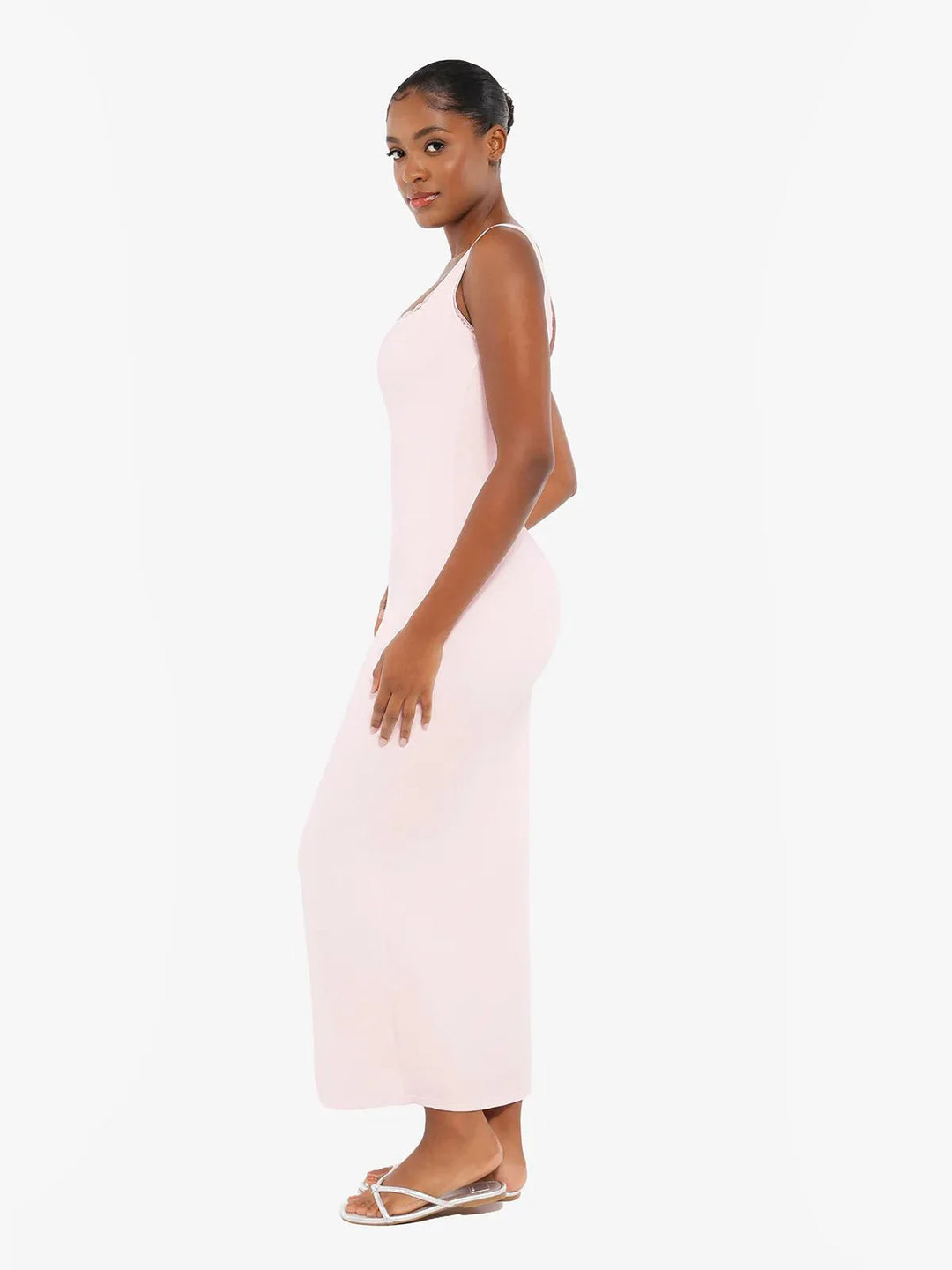 Shapewear Modal Slimming Lace Trim Henley Tank Maxi Dress - Modefluss