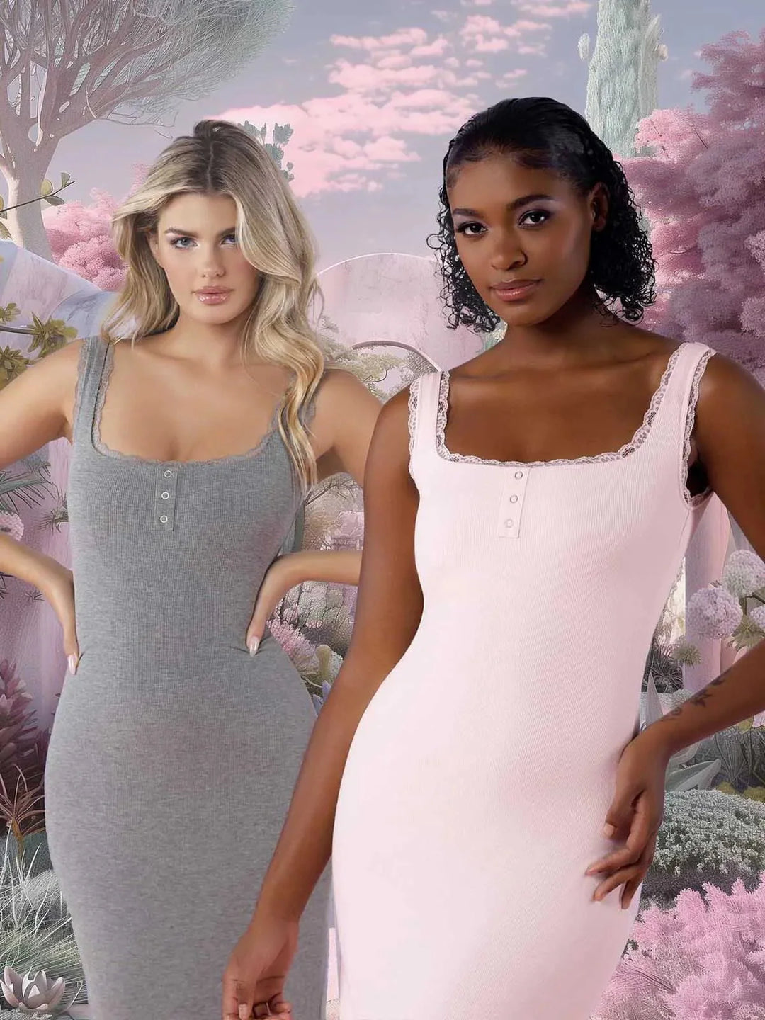 Shapewear Modal Slimming Lace Trim Henley Tank Maxi Dress - Modefluss