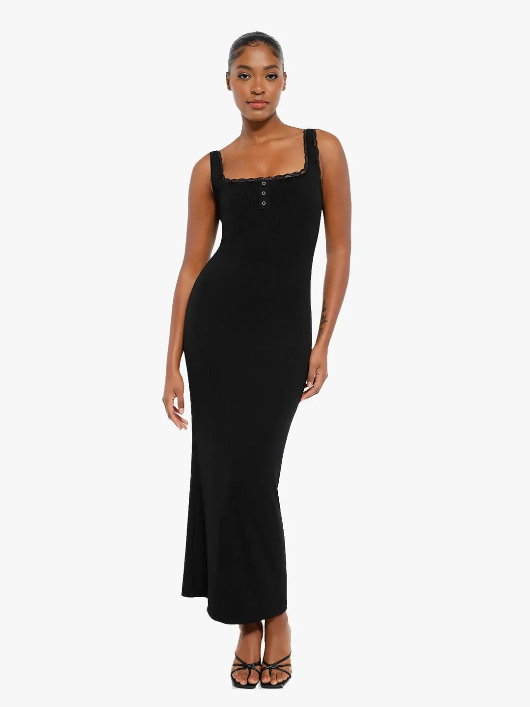 Shapewear Modal Slimming Lace Trim Henley Tank Maxi Dress - Modefluss