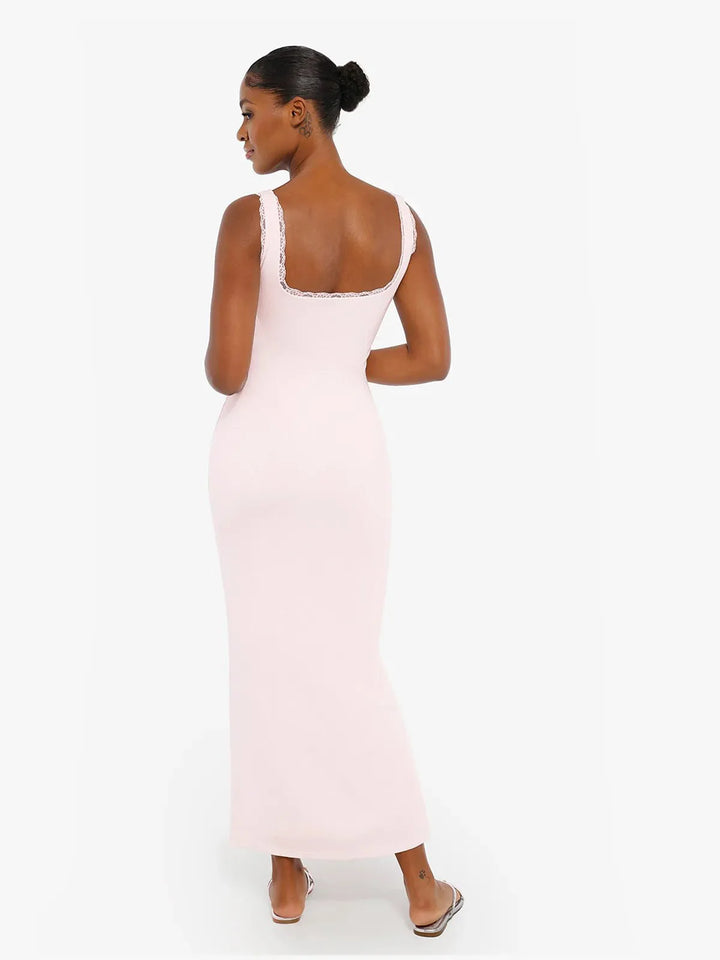 Shapewear Modal Slimming Lace Trim Henley Tank Maxi Dress - Modefluss