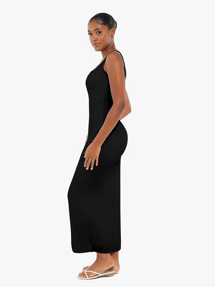 Shapewear Modal Slimming Lace Trim Henley Tank Maxi Dress - Modefluss
