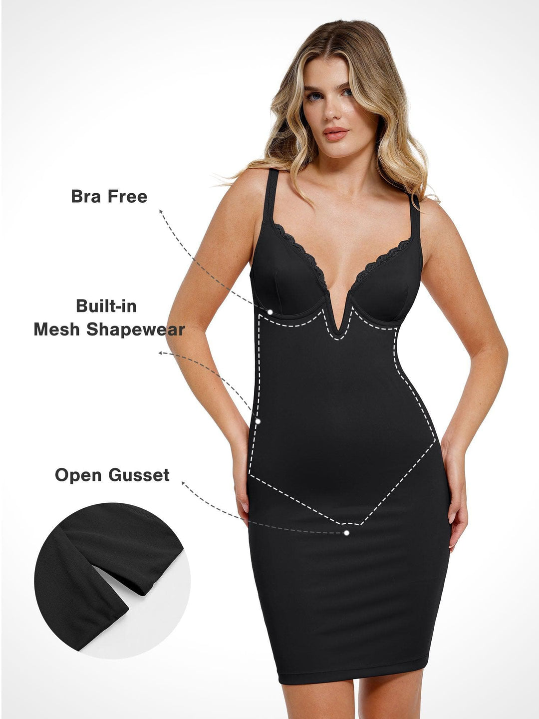 Shapewear Plunging V Lace Trim Bodycon Mini Dress - Modefluss
