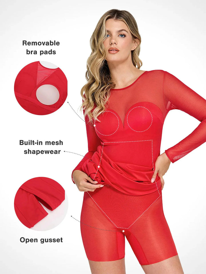 Shapewear Mesh Long Sleeve V-Back Slimming Maxi Dress - Modefluss