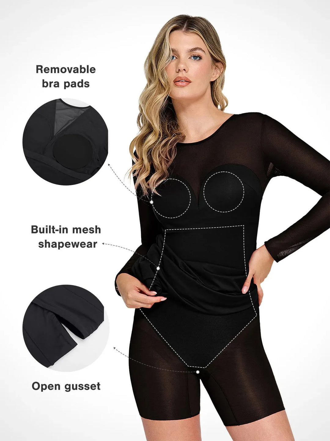 Shapewear Mesh Long Sleeve V-Back Slimming Maxi Dress - Modefluss
