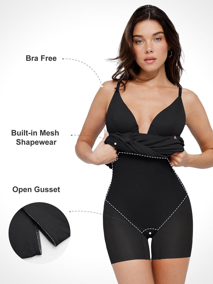 Bluetag Shapewear Plunging V Ruched Bodycon Mini Dress - Modefluss