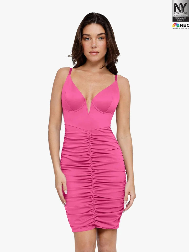 Bluetag Shapewear Plunging V Ruched Bodycon Mini Dress - Modefluss