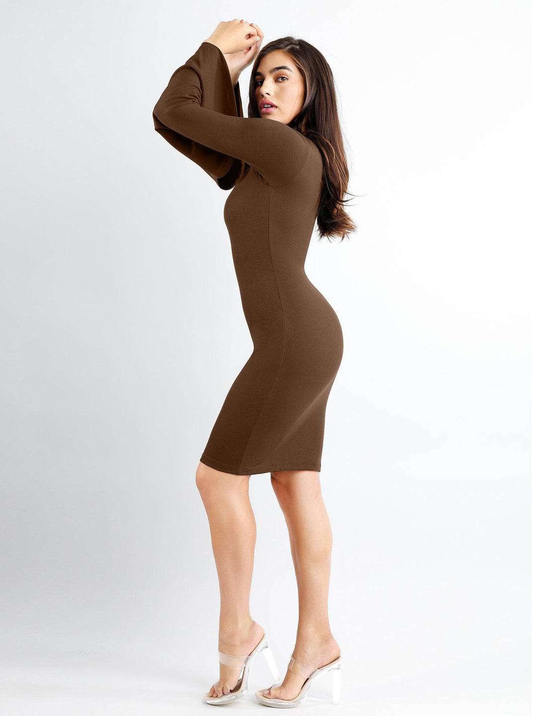 Shapewear Bell Sleeve Square Neck Slimming Midi Dress - Modefluss