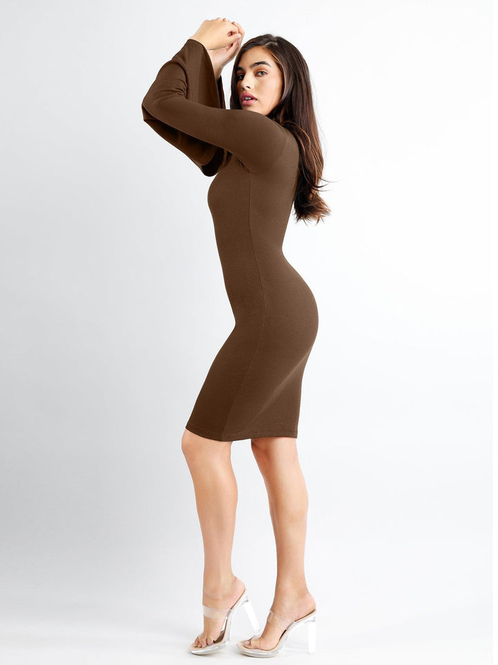 Shapewear Bell Sleeve Square Neck Slimming Midi Dress - Modefluss