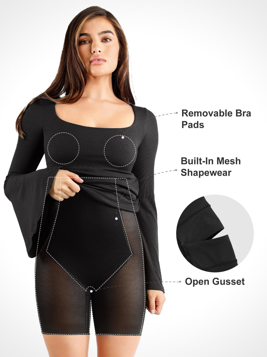 Shapewear Bell Sleeve Square Neck Slimming Midi Dress - Modefluss