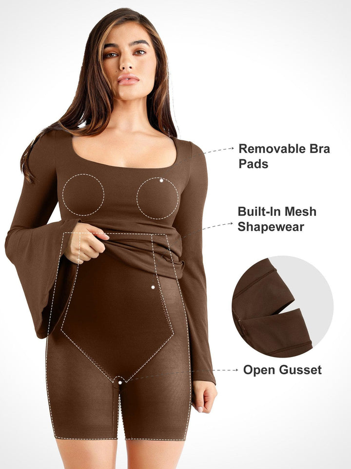 Shapewear Bell Sleeve Square Neck Slimming Midi Dress - Modefluss