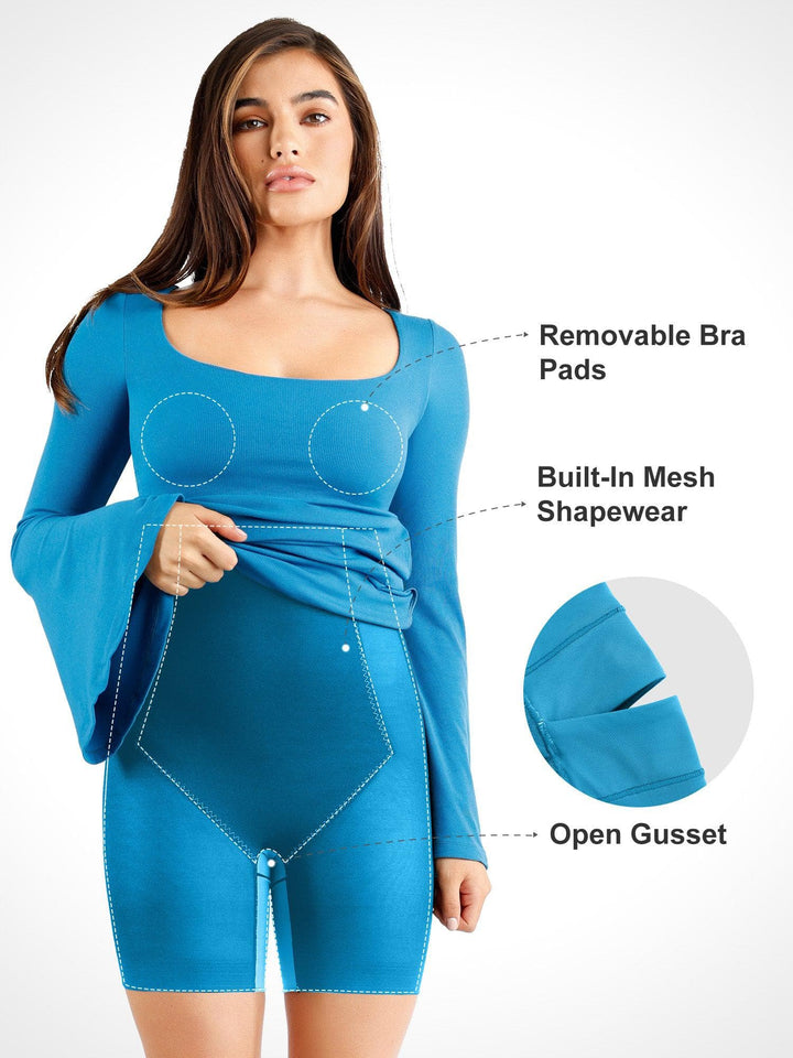 Shapewear Bell Sleeve Square Neck Slimming Midi Dress - Modefluss