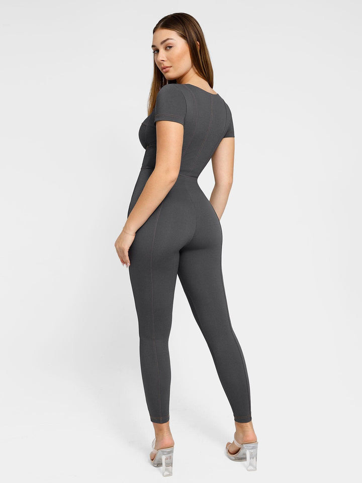Shapewear Denim Short Sleeve Zip Front Butt Lift Jumpsuit - Modefluss