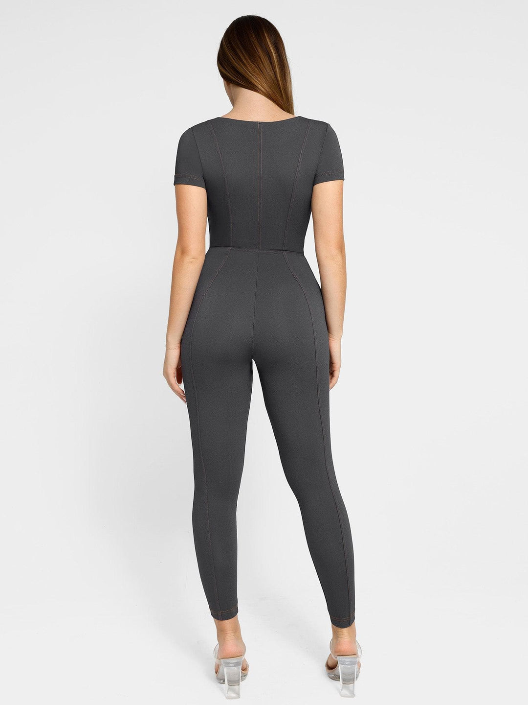 Shapewear Denim Short Sleeve Zip Front Butt Lift Jumpsuit - Modefluss