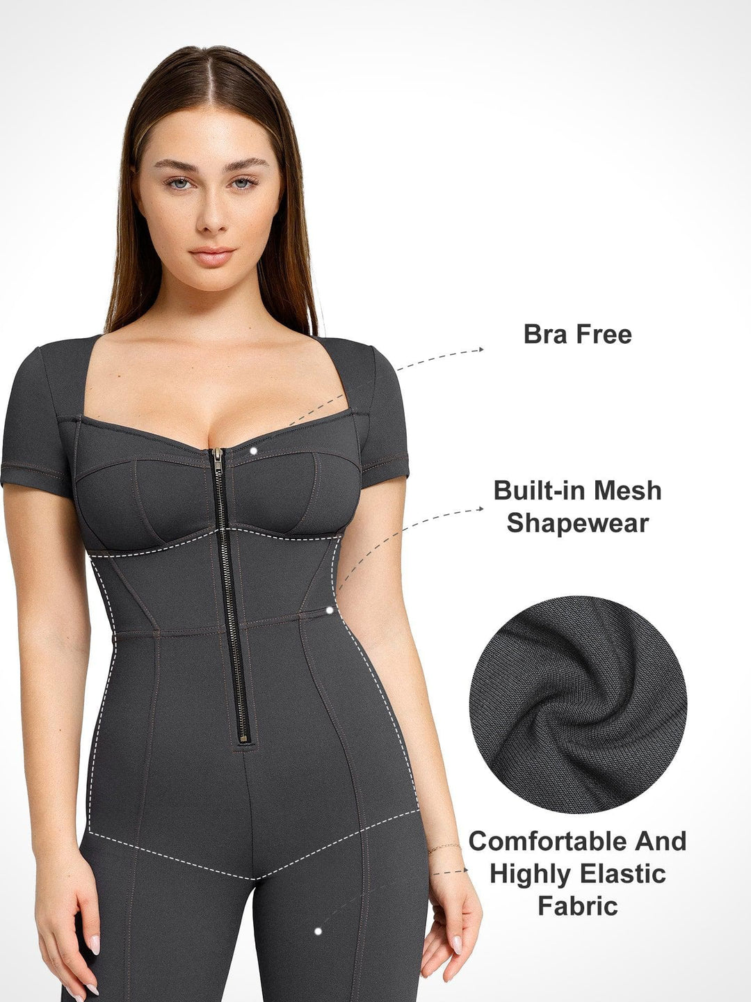 Shapewear Denim Short Sleeve Zip Front Butt Lift Jumpsuit - Modefluss