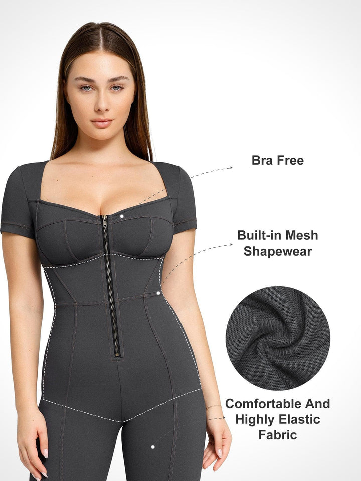 Shapewear Denim Short Sleeve Zip Front Butt Lift Jumpsuit - Modefluss