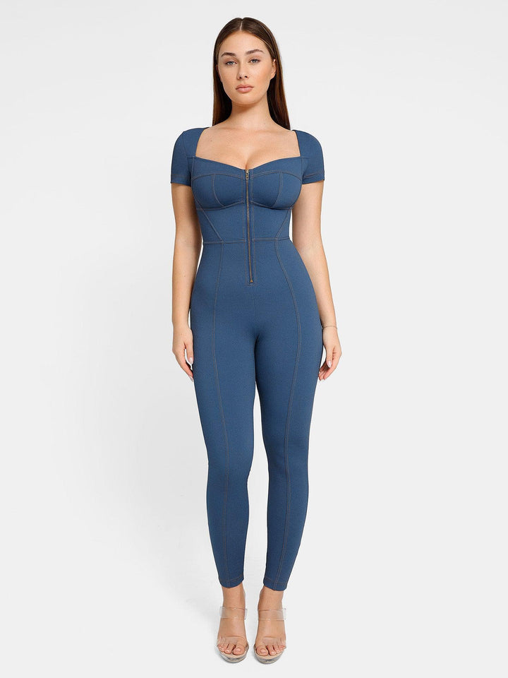 Shapewear Denim Short Sleeve Zip Front Butt Lift Jumpsuit - Modefluss