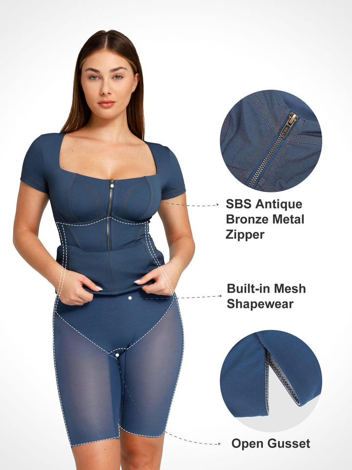 Shapewear Denim Square Neck Tummy Control Midi Dress - Modefluss