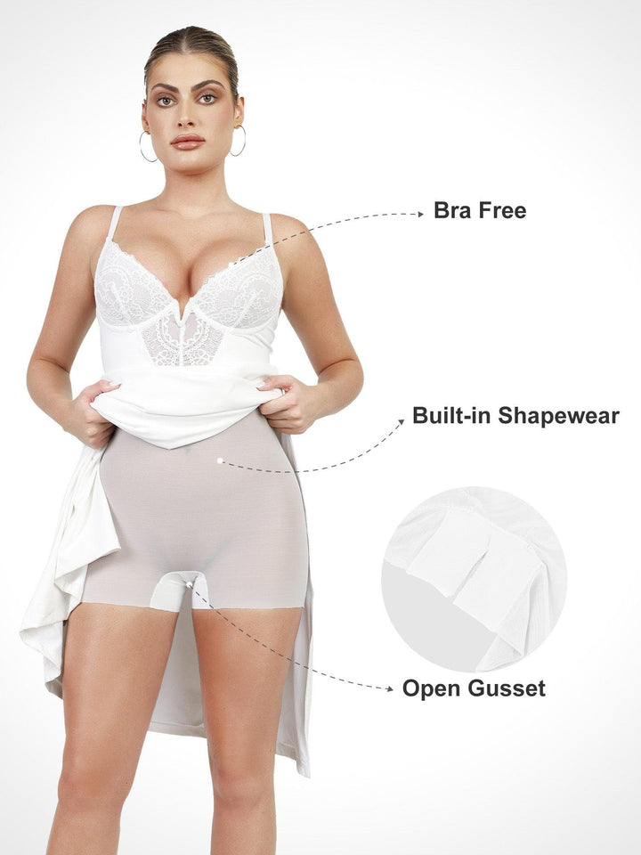 Shapewear Lace V Neck Side Slit Slimming Maxi Slip Dress - Modefluss