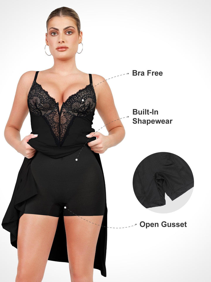 Shapewear Lace V Neck Side Slit Slimming Maxi Slip Dress - Modefluss