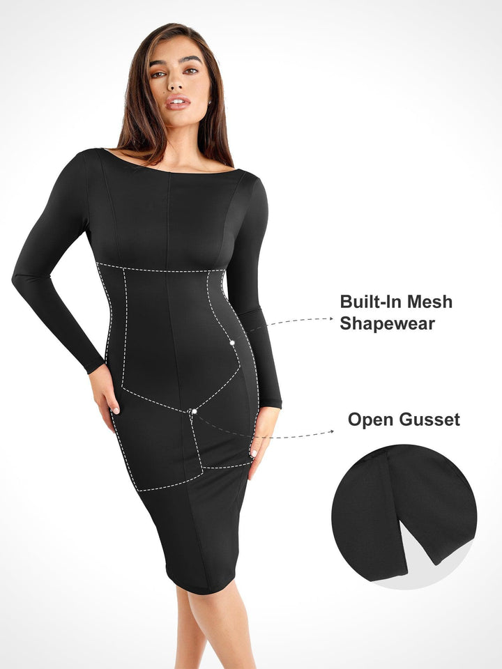 Shapewear Long Sleeve Boat Neck Sculpting Midi Dress - Modefluss