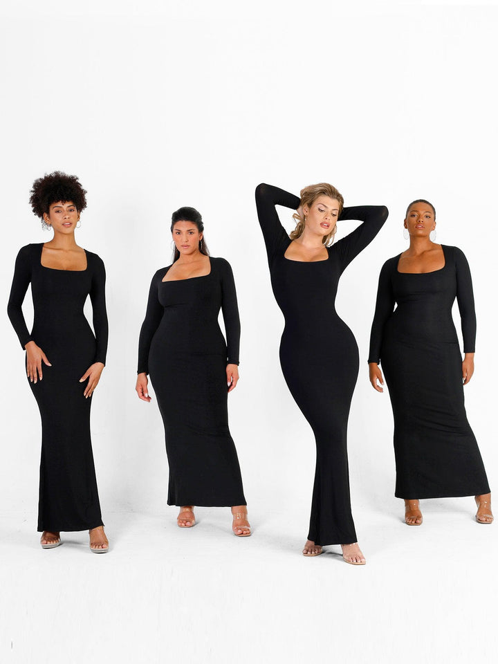 Shapewear Square Neck Long Sleeve Slimming Modal Maxi Dress - Modefluss