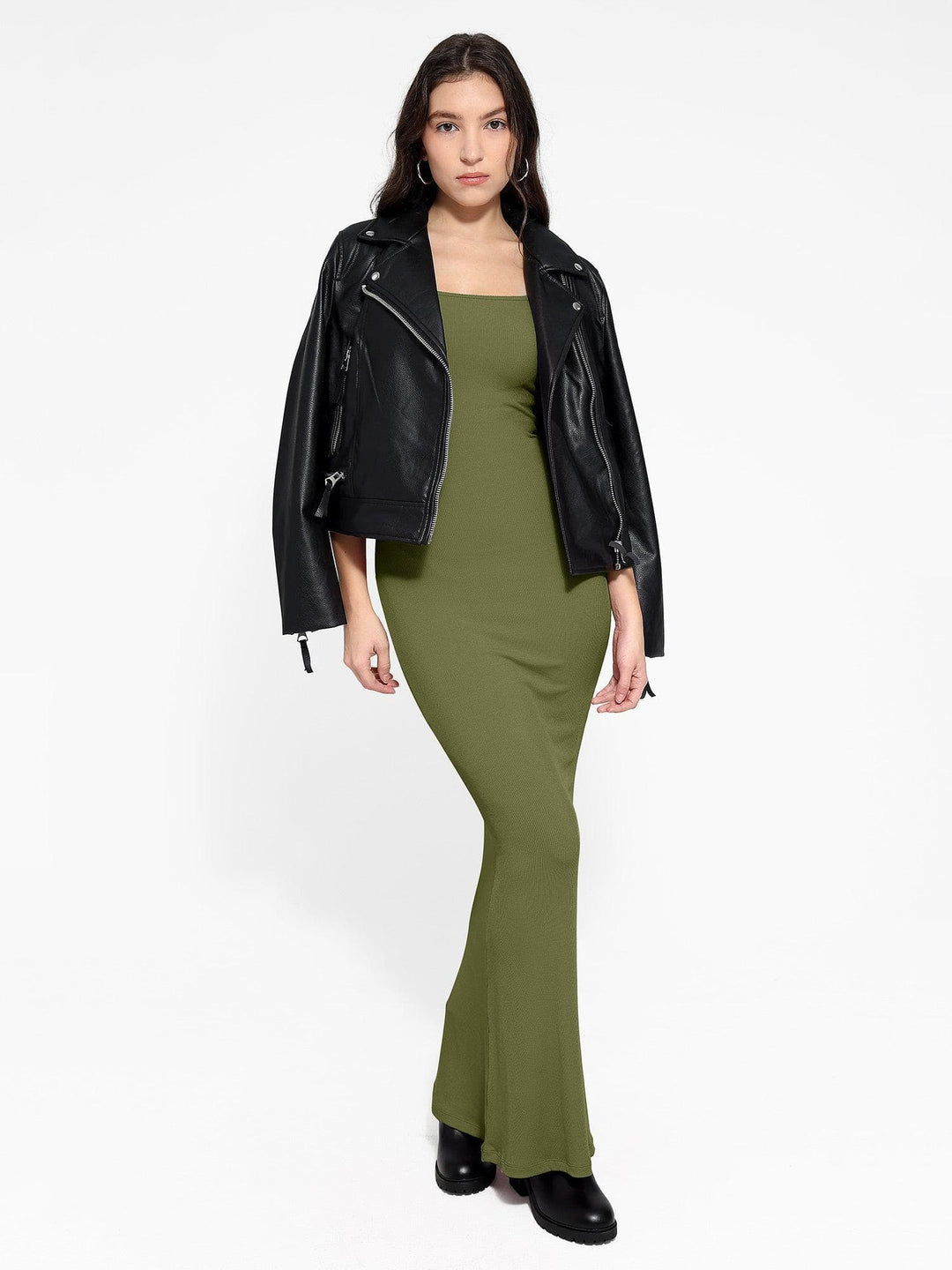 Shapewear Square Neck Long Sleeve Slimming Modal Maxi Dress - Modefluss