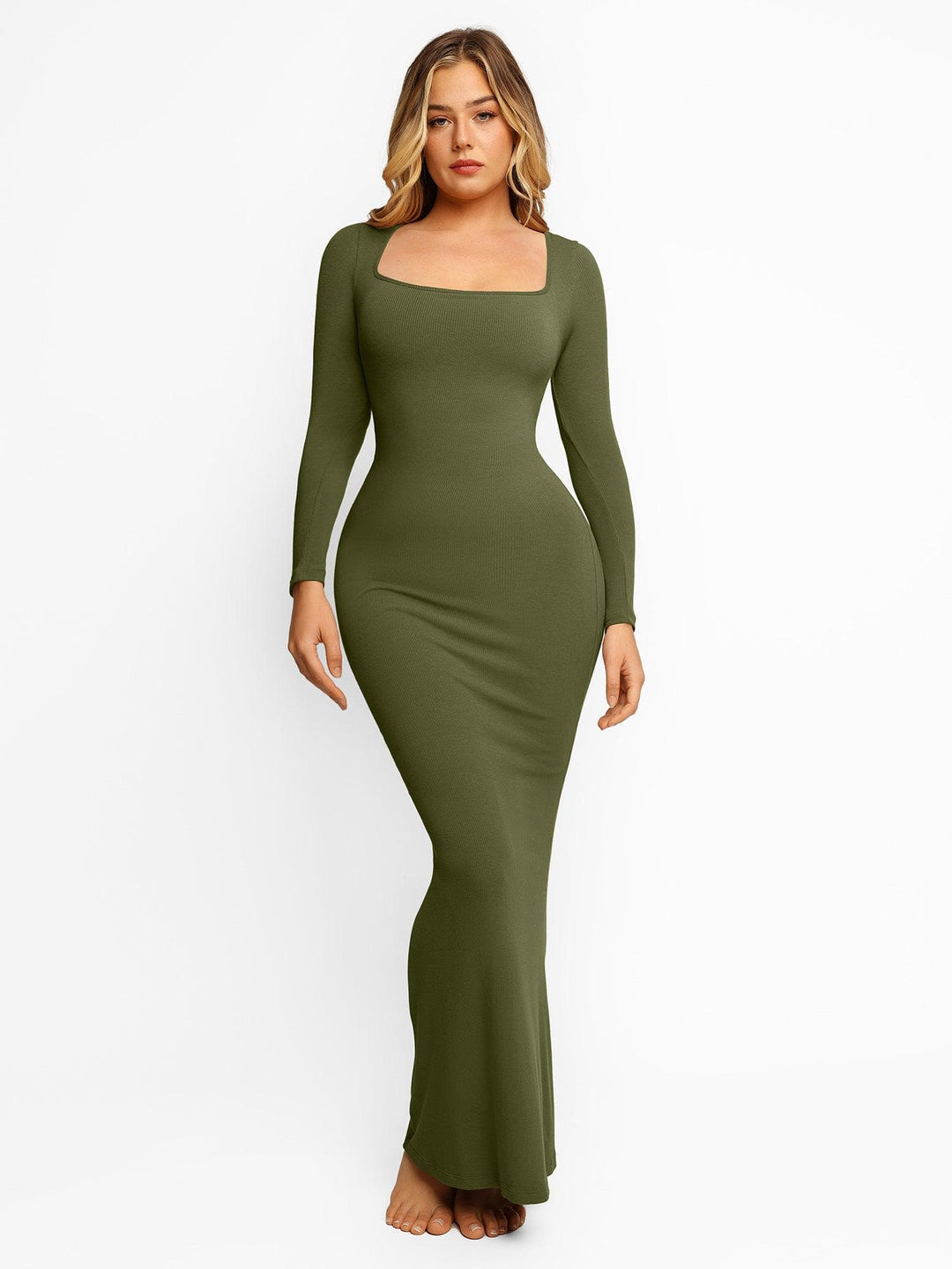 Shapewear Square Neck Long Sleeve Slimming Modal Maxi Dress - Modefluss