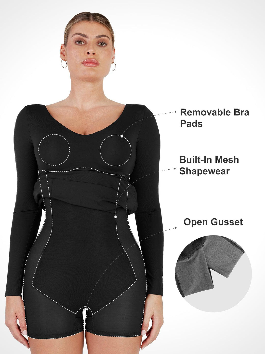 Shapewear Long Sleeve V-Neck Low Back Slimming Maxi Dress - Modefluss