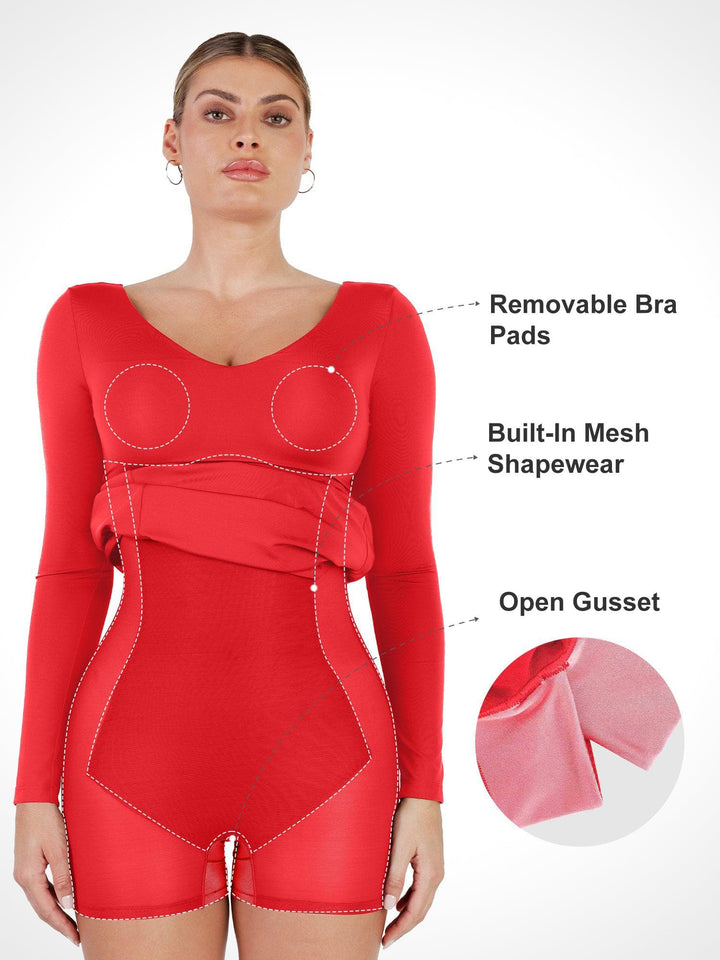 Shapewear Long Sleeve V-Neck Low Back Slimming Maxi Dress - Modefluss