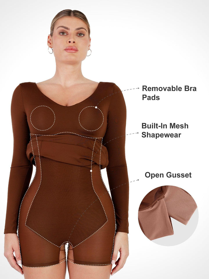 Shapewear Long Sleeve V-Neck Low Back Slimming Maxi Dress - Modefluss