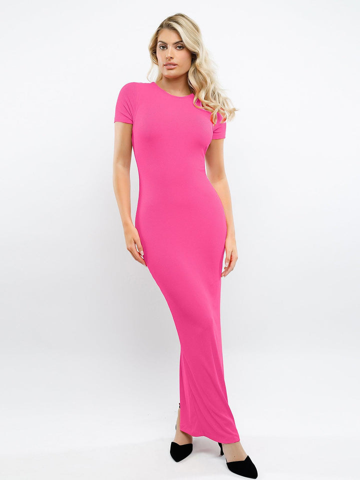 Shapewear Modal Short Sleeve Mock Neck Slimming Maxi Dress - Modefluss