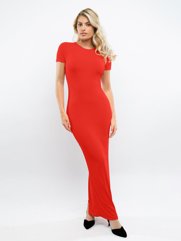 Shapewear Modal Short Sleeve Mock Neck Slimming Maxi Dress - Modefluss
