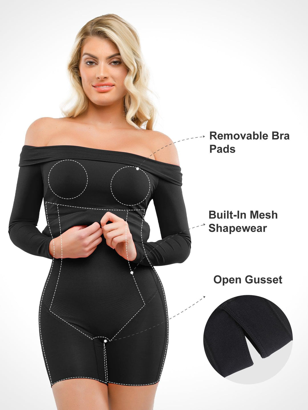 Shapewear Long Sleeve Off-the-Shoulder Bodycon Mini Dress - Modefluss