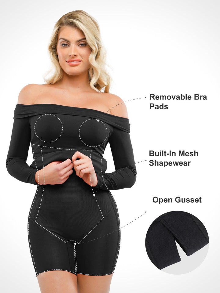 Shapewear Long Sleeve Off-the-Shoulder Bodycon Mini Dress - Modefluss