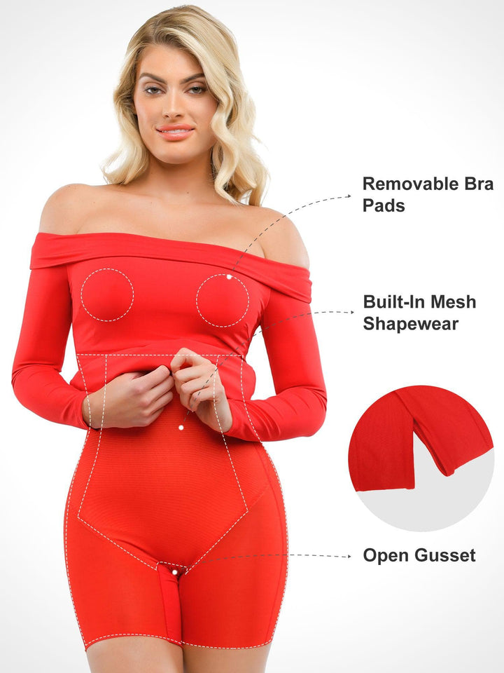 Shapewear Long Sleeve Off-the-Shoulder Bodycon Mini Dress - Modefluss