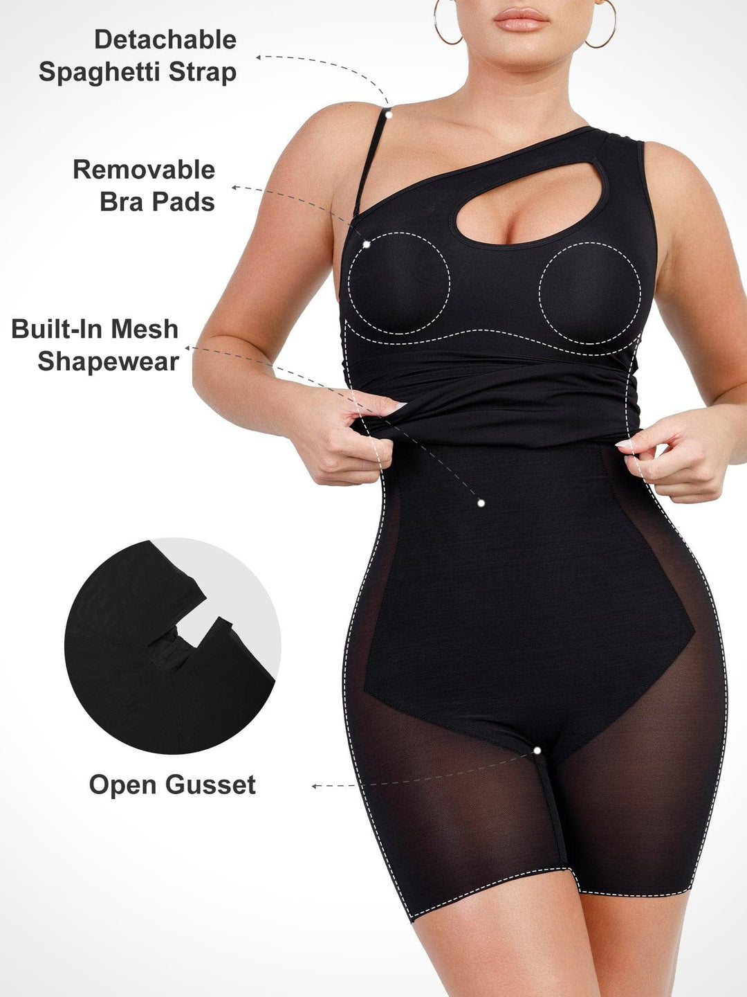 Shapewear One Shoulder Cutout Tummy Control Mini Dress - Modefluss