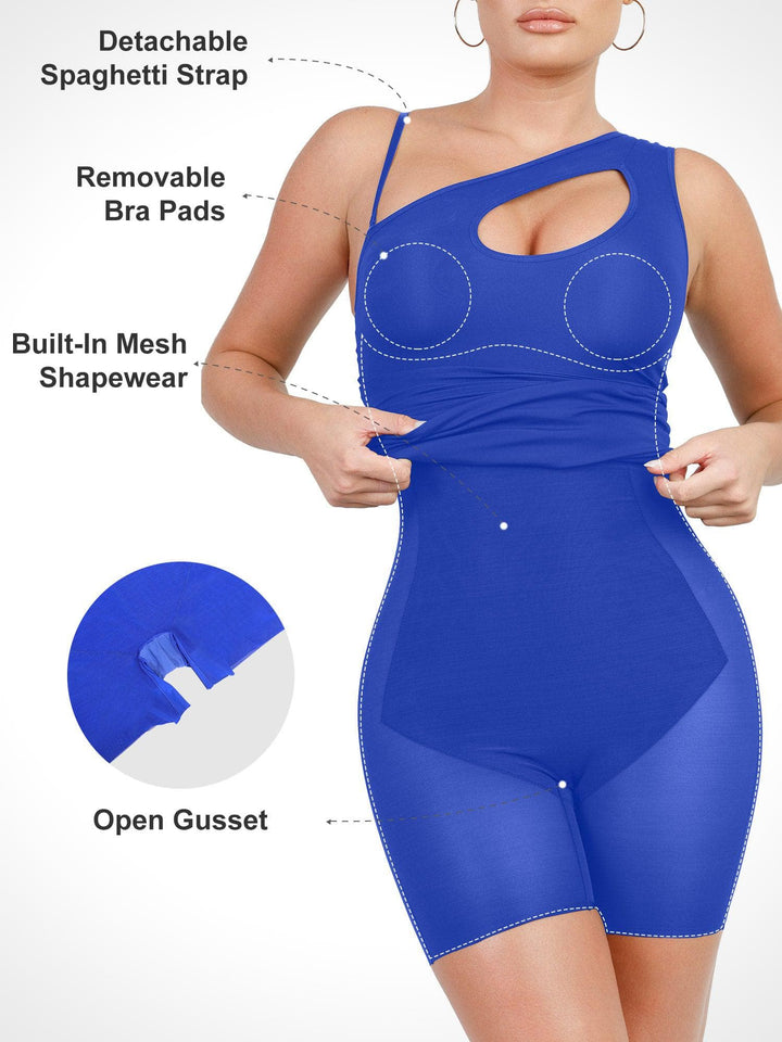 Shapewear One Shoulder Cutout Tummy Control Mini Dress - Modefluss