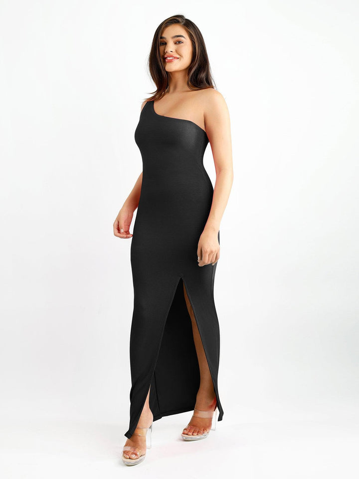 Shapewear Modal One Shoulder Front Slit Slimming Maxi Dress - Modefluss