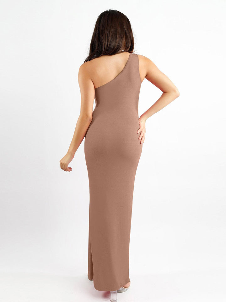Shapewear Modal One Shoulder Front Slit Slimming Maxi Dress - Modefluss
