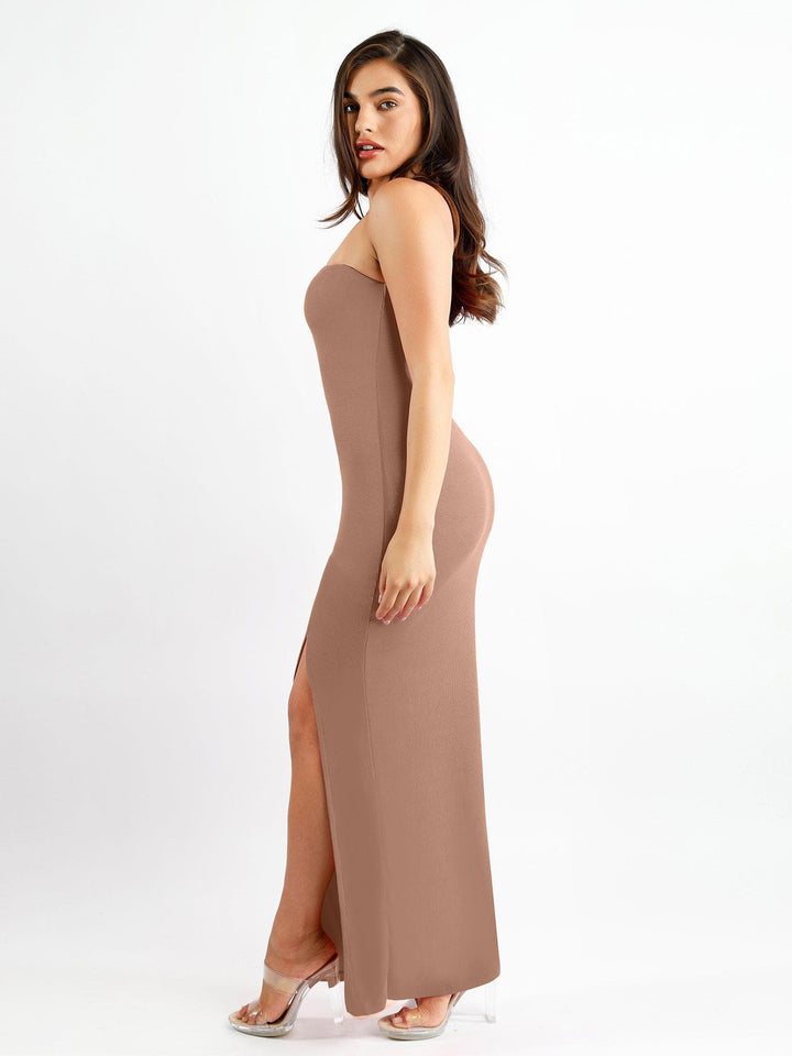 Shapewear Modal One Shoulder Front Slit Slimming Maxi Dress - Modefluss