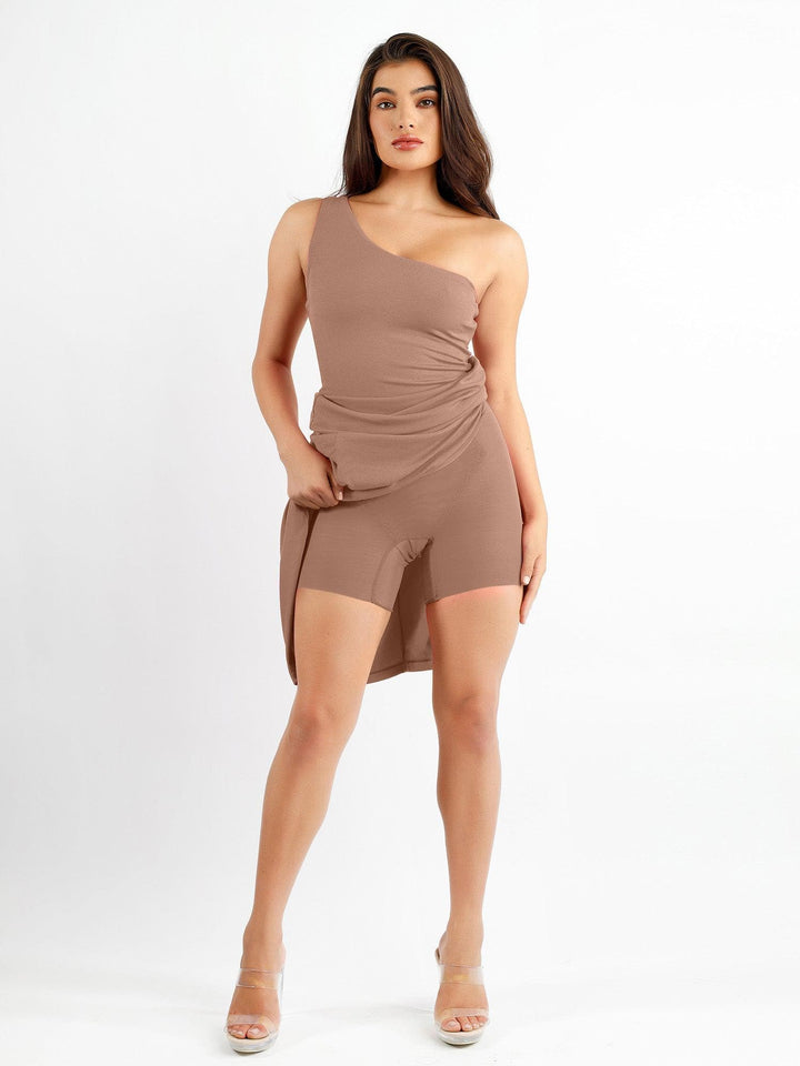 Shapewear Modal One Shoulder Front Slit Slimming Maxi Dress - Modefluss