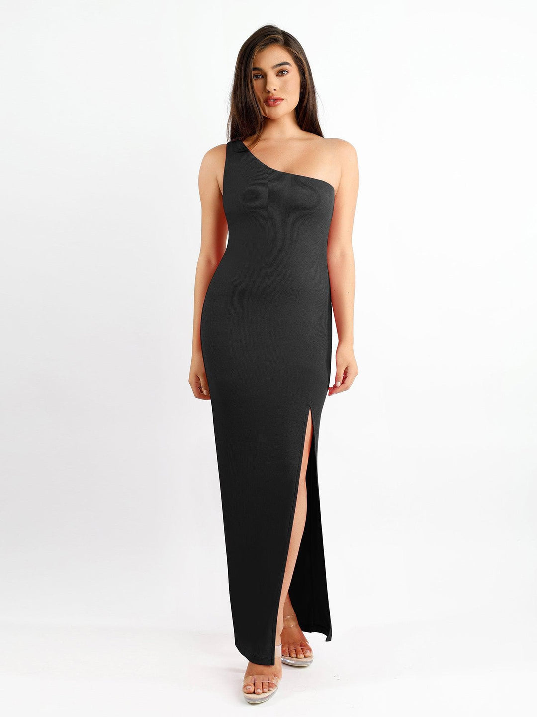 Shapewear Modal One Shoulder Front Slit Slimming Maxi Dress - Modefluss