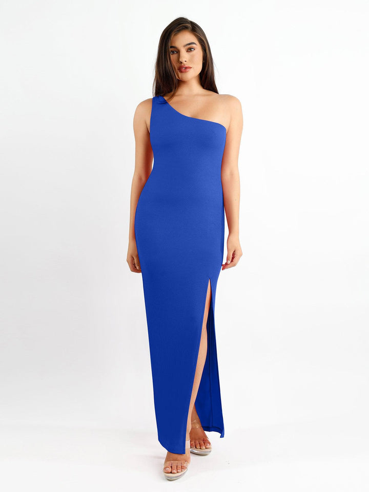 Shapewear Modal One Shoulder Front Slit Slimming Maxi Dress - Modefluss