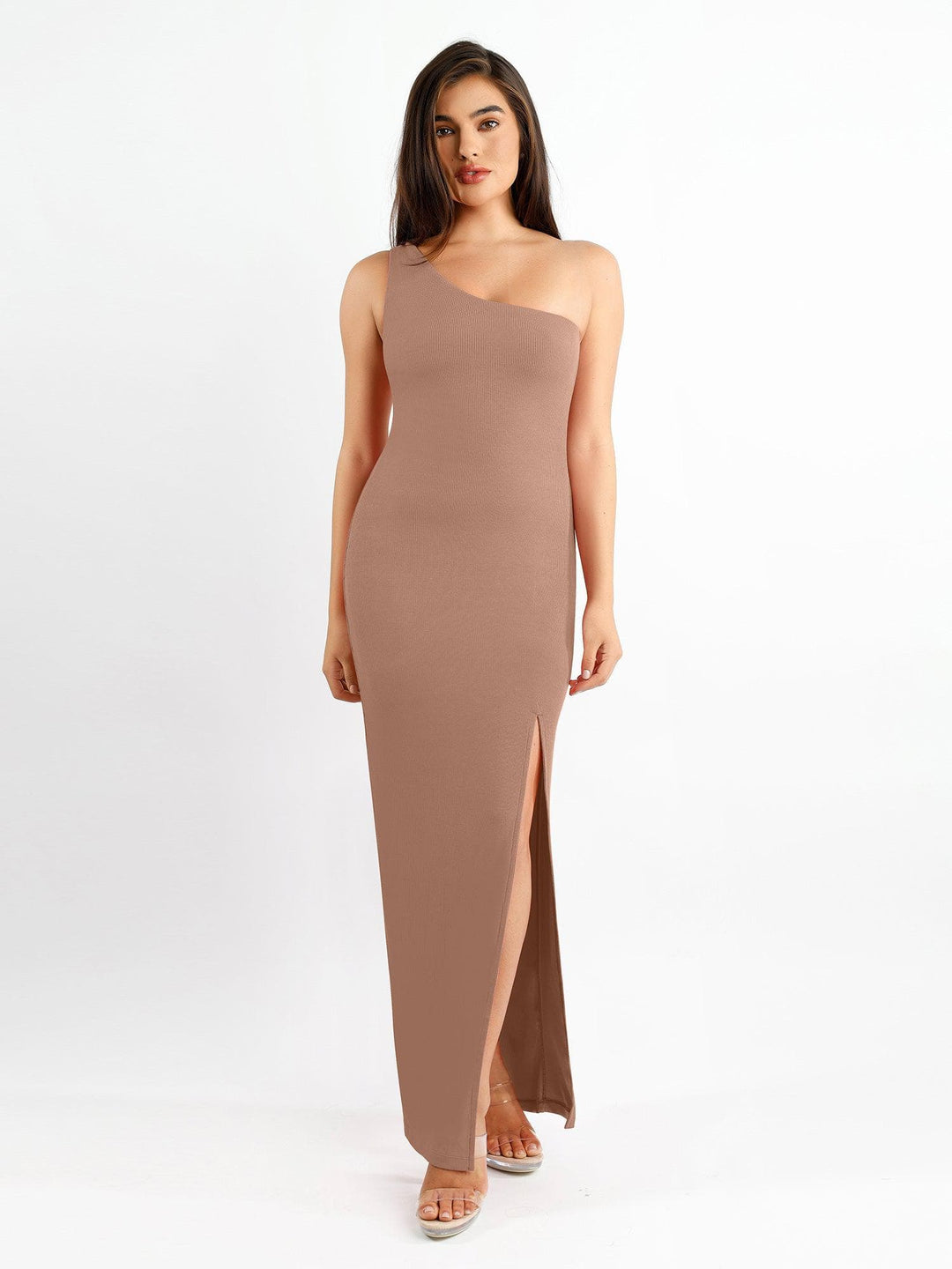 Shapewear Modal One Shoulder Front Slit Slimming Maxi Dress - Modefluss